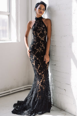 Black Mermaid Lace Halter Long Prom Dress