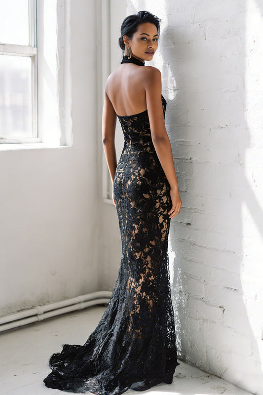 Black Mermaid Lace Halter Long Prom Dress