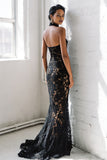 Black Mermaid Lace Halter Long Prom Dress