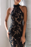 Black Mermaid Lace Halter Long Prom Dress