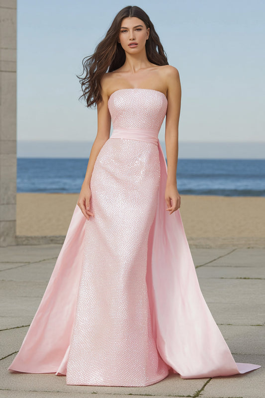 Sparkly Light Pink Strapless Sequin Long Prom Dress with Cape
