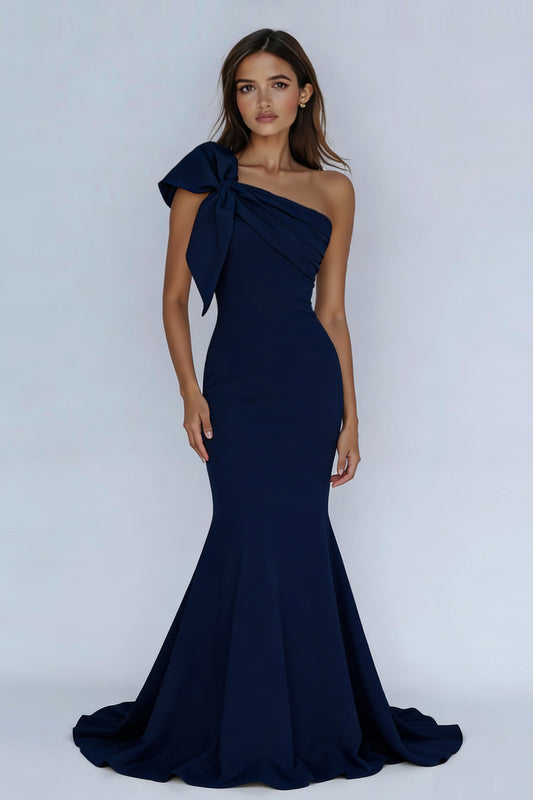 Navy One Shoulder Mermaid Long Prom Dress