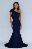 Navy One Shoulder Mermaid Long Prom Dress