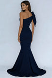 Navy One Shoulder Mermaid Long Prom Dress