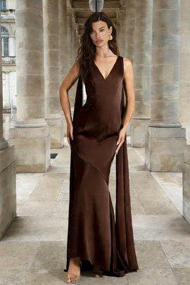 Coffee Sheath V-Neck Satin Long Formal Dress with Cape