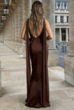 Coffee Sheath V-Neck Satin Long Formal Dress with Cape