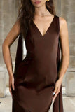 Coffee Sheath V-Neck Satin Long Formal Dress with Cape