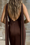 Coffee Sheath V-Neck Satin Long Formal Dress with Cape
