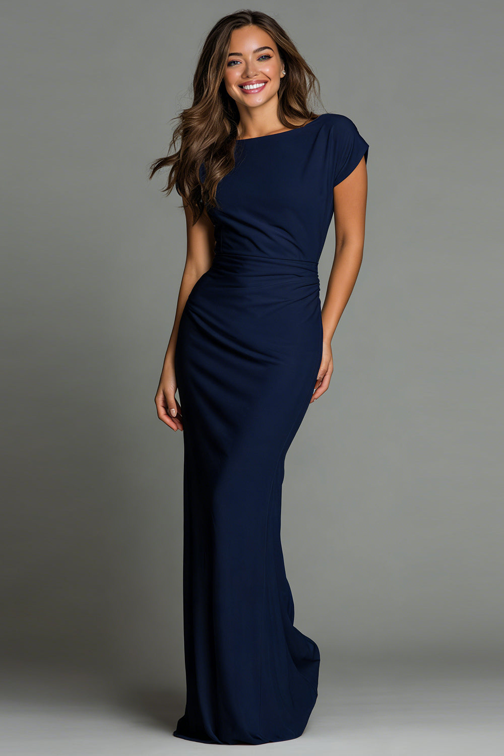 Navy Mermaid Boat Neck Long Formal Dress with Sleeves