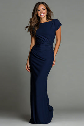 Navy Mermaid Boat Neck Long Formal Dress with Sleeves