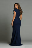 Navy Mermaid Boat Neck Long Formal Dress with Sleeves