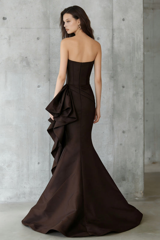 Coffee Mermaid Strapless Long Formal Dress with Ruffles