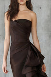 Coffee Mermaid Strapless Long Formal Dress with Ruffles