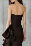 Coffee Mermaid Strapless Long Formal Dress with Ruffles
