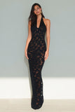 Black Halter Neck Mermaid Lace Backless Long Formal Dress