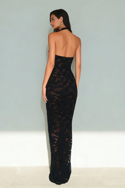 Black Halter Neck Mermaid Lace Backless Long Formal Dress
