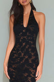 Black Halter Neck Mermaid Lace Backless Long Formal Dress