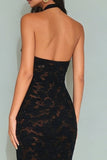 Black Halter Neck Mermaid Lace Backless Long Formal Dress