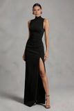 Black Sheath High Neck Backless Long Formal Dress with Slit