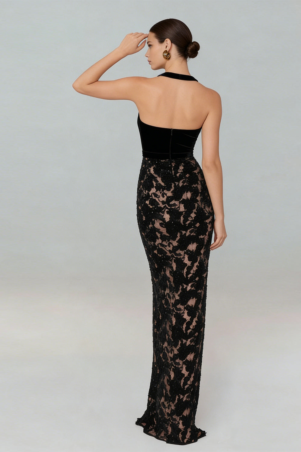 Black Mermaid Lace Halter Neck Long Formal Dress