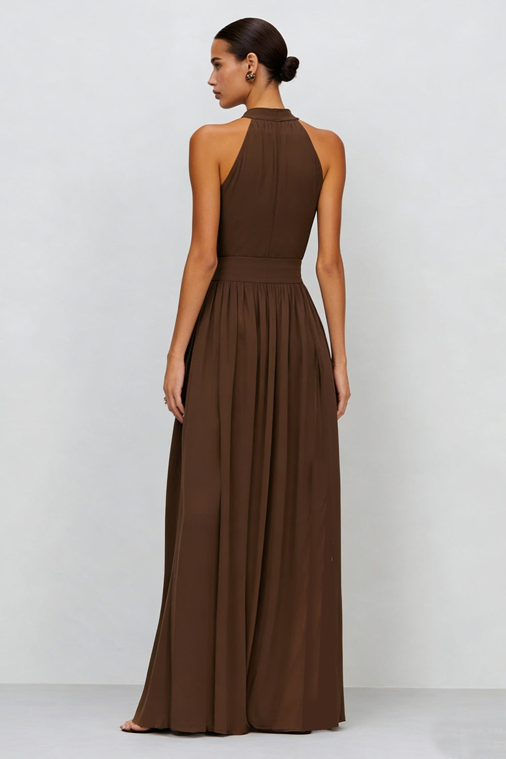 Brown A Line Pleated High Neck Long Formal Dress with Slit