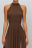 Brown A Line Pleated High Neck Long Formal Dress with Slit