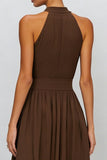 Brown A Line Pleated High Neck Long Formal Dress with Slit
