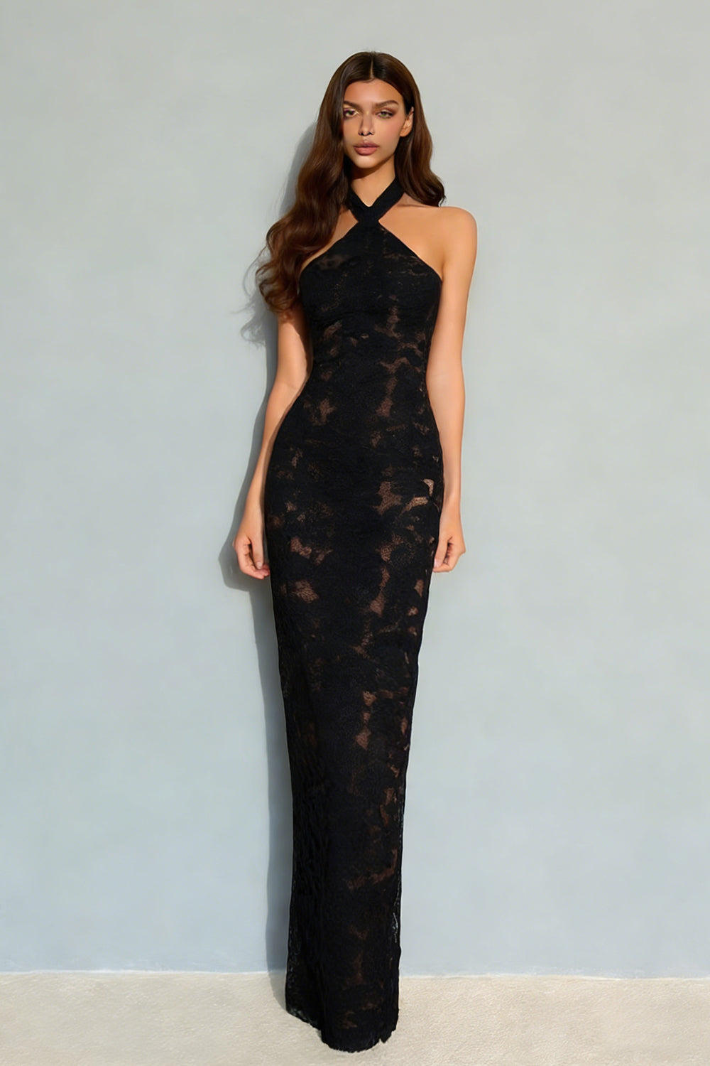 Black Lace Mermaid Halter Neck Backless Long Formal Dress