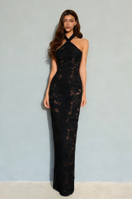 Black Lace Mermaid Halter Neck Backless Long Formal Dress