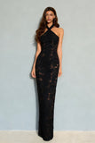 Black Lace Mermaid Halter Neck Backless Long Formal Dress