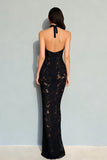 Black Lace Mermaid Halter Neck Backless Long Formal Dress