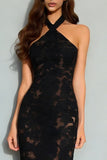 Black Lace Mermaid Halter Neck Backless Long Formal Dress