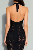Black Lace Mermaid Halter Neck Backless Long Formal Dress