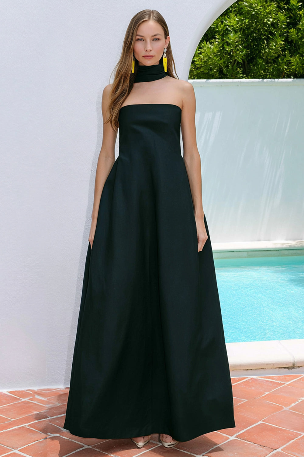Navy A Line Neck Scarf Strapless Long Formal Dress