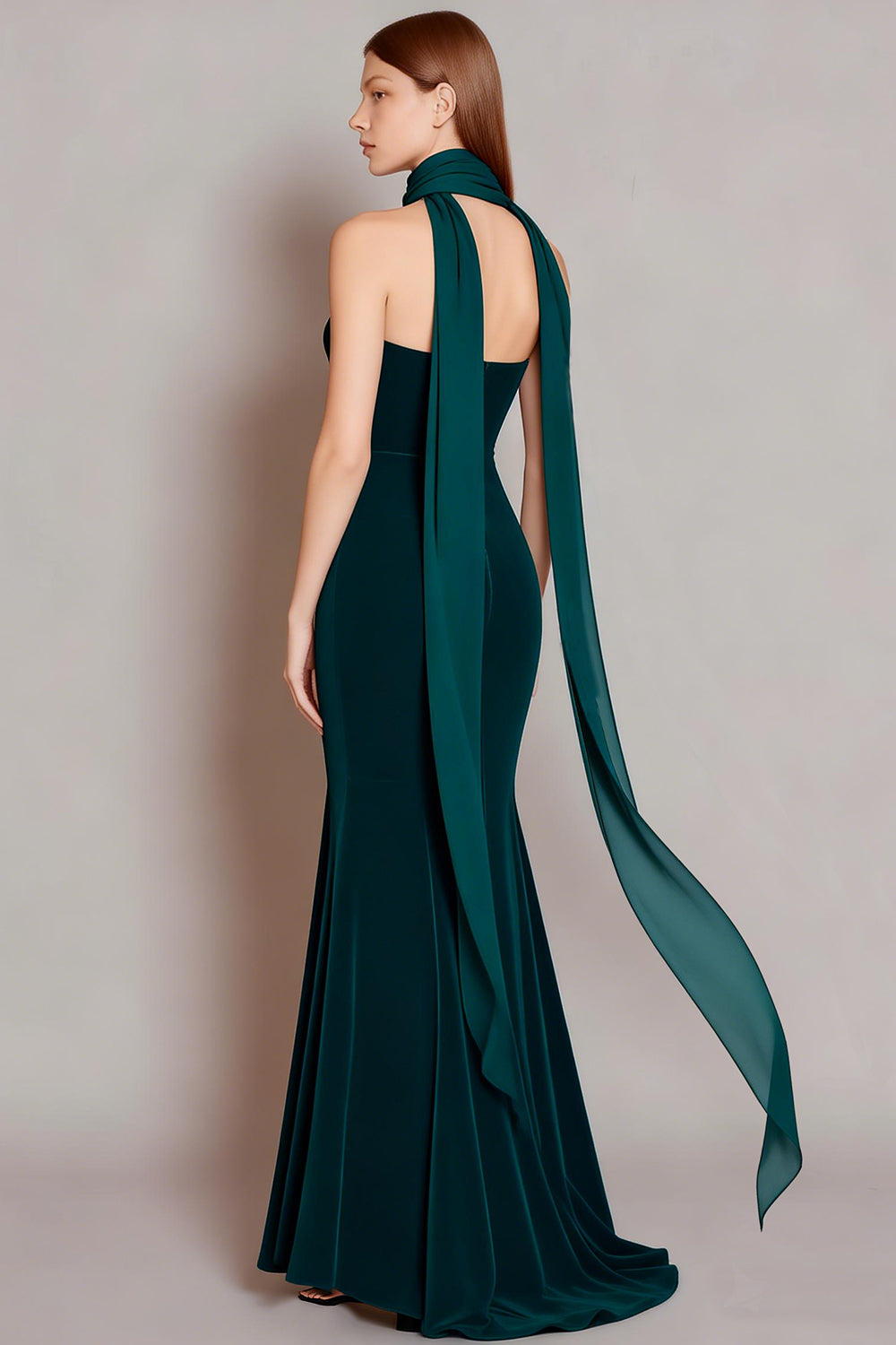 Dark Green Mermaid Velvet Neck Scarf Long Formal Dress