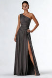 Dark Grey One Shoulder Pleated A Line Long Formal Dress with Slit