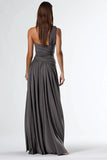 Dark Grey One Shoulder Pleated A Line Long Formal Dress with Slit