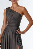 Dark Grey One Shoulder Pleated A Line Long Formal Dress with Slit
