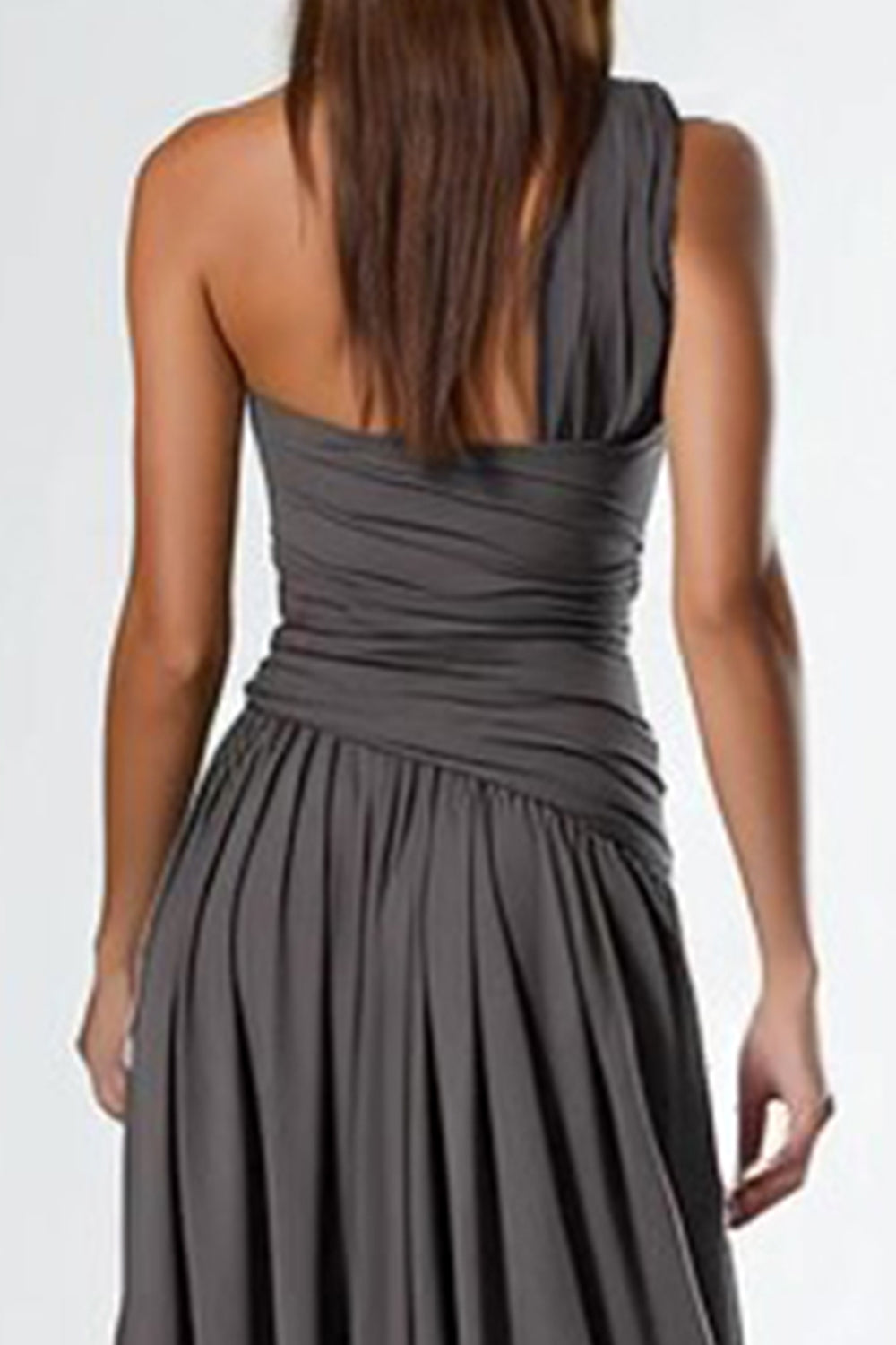 Dark Grey One Shoulder Pleated A Line Long Formal Dress with Slit