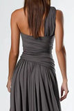 Dark Grey One Shoulder Pleated A Line Long Formal Dress with Slit