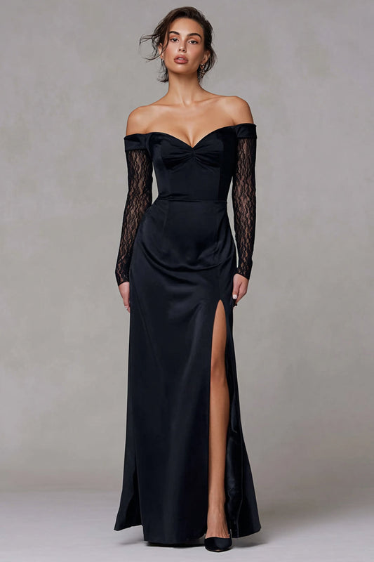 Black Sheath Off the Shoulder Long Formal Dress with Slit