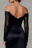 Black Sheath Off the Shoulder Long Formal Dress with Slit
