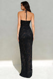 Black Mermaid Lace Halter Neck Long Formal Dress with Keyhole