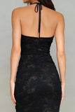 Black Mermaid Lace Halter Neck Long Formal Dress with Keyhole