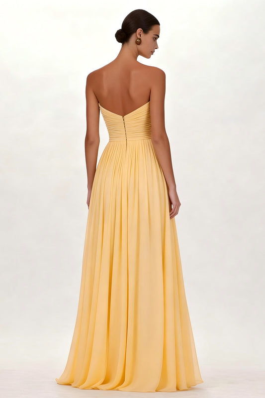 Yellow Chiffon Pleated A Line Sweetheart Long Formal Dress