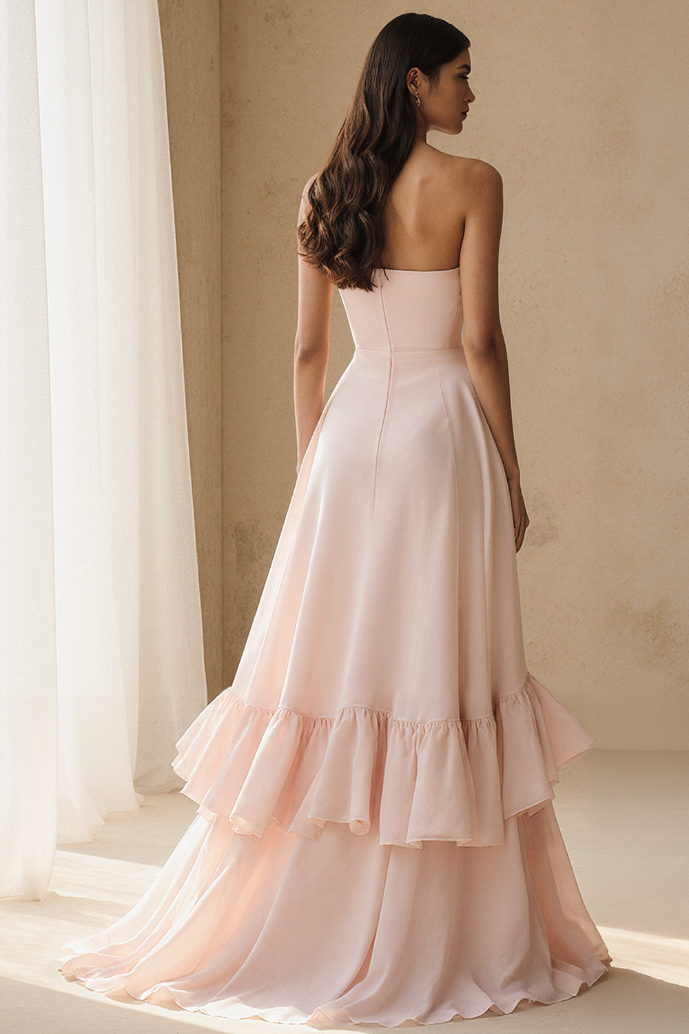 Light Pink Strapless A Line Long Formal Dress with Ruffles