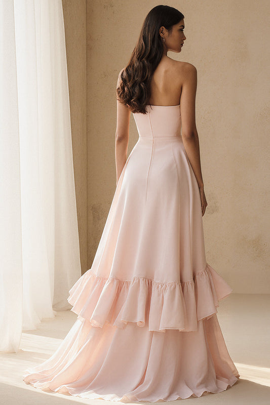 Light Pink Strapless A Line Long Formal Dress with Ruffles