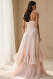 Light Pink Strapless A Line Long Formal Dress with Ruffles