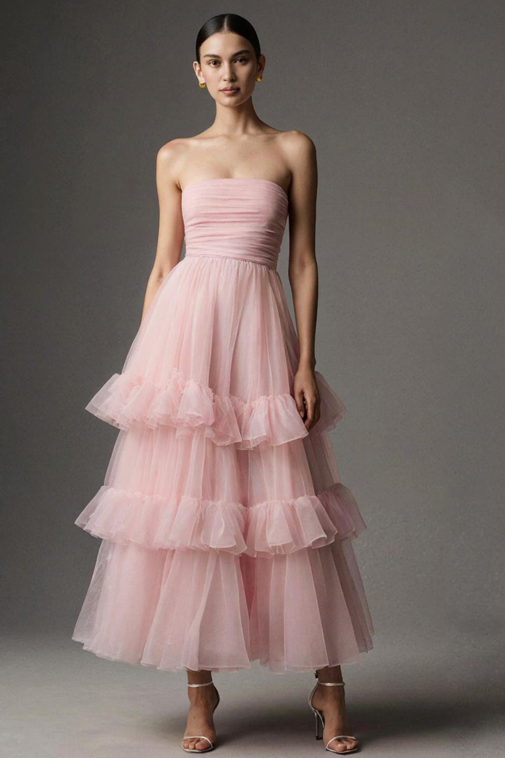 Pink Strapless A Line Tulle Ankle Length Formal Dress with Ruffles