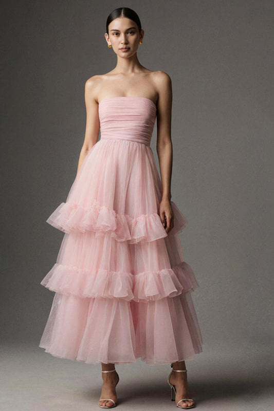 Pink Strapless A Line Tulle Ankle Length Formal Dress with Ruffles